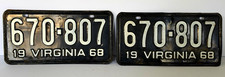 Vintage 1968 Virginia License Plate Pair 670-807 Black White YOM Eligible picture