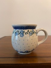 Polish Pottery Hand-Decorated Stoneware Mug – Blue Floral & Dot Pattern, Made picture
