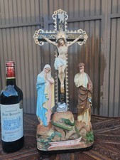 Antique Chalk & wood cross Calvary scene mary john snake rare crucifix picture