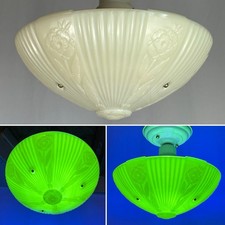 REWIRED Vtg Uranium Glass Art Deco Ceiling Light Custard Semi Flush 20s 30s 40s picture