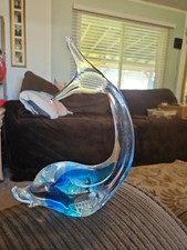 Art Glass Tropical Fish Figurine Murano Style Blue Clear Hand Blown 9” Large picture