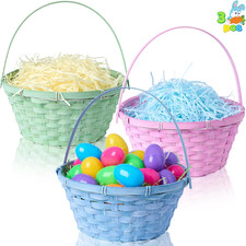3 Pcs Easter Bamboo Baskets with Handle, Round Woven Egg Hunt Party Set picture