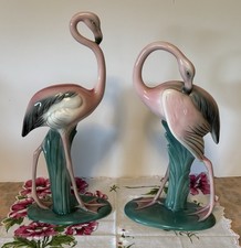 Pair Vintage WILL GEORGE Pasadena Pink FLAMINGOS Signed Ceramic MCM 11.25” 10” picture