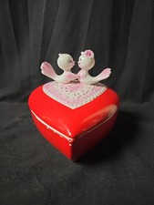 Vtg 1950s Lefton 6” Ceramic Pink Love Birds Heart Trinket Box Valentine AS IS  picture