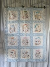 Vintage Baby Crib Quilt Blanket Blue Border Embroidered Animals 12 animals READ picture