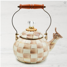 MacKenzie-Childs Mocha Check Whistling Tea Kettle Enamel Steel Stovetop picture