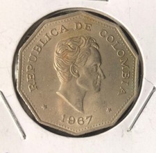 1967 REPUBLICA DE COLOMBIA SIMON BOLÍVAR COPPER-NICKEL 1 PESO COIN—30MM-KM#229 picture