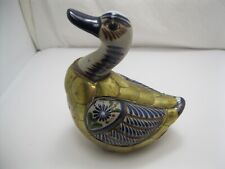 Vintage Mexican Tonala Duck Hand Painted Glazed Ceramic Pottery Brass Plated VTG picture