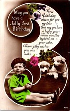 1910-20's RPPC 3-YEAR-OLD A JOLLY BIRTHDAY HAND COLORED PUPPIES CHILD POSTCARD picture