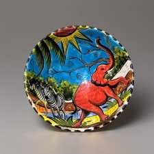 Penzo Zimbabwe Hand Painted Ceramic Safari Bowl Elephant Zebra 2003 Signed 4