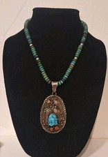 Large Vintage Navajo Turquoise Beads Necklace Sterling Silver Pendant W Ettsitty picture