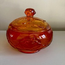 VTG MCM Viking Glass Candy Dish Leaf Design Persimmon Orange Original Sticker picture