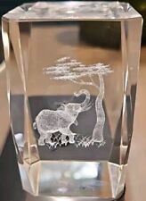 3D Laser Etched Crystal Glass Cube Paperweight Elephant Under Bonsai Tree picture