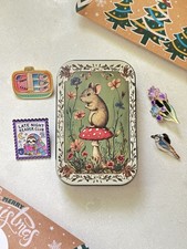 Vintage Mouse Mushroom Tin Box and 4 pin set picture