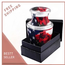 American Flag Small Keepsake Cremation Urn for Human Ashes, Brass Urn w/Bag picture