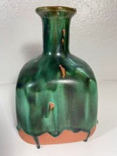 Vintage Signed F Guerrero G Emerald Drip Glazed Mexican Terracotta Vase picture