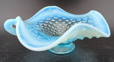 Fenton Art Glass Blue Opalescent Ruffle Hobnail Handled Bonbon Candy Dish 1950s picture
