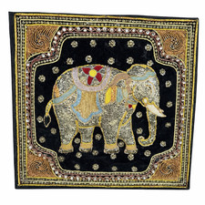 VTG Wall Hanging Tapestry Kalaga Thai Burmese Embroidered Elephant Glass Art picture