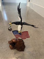 Hand Blown Glass Bald Eagle American Flag Sculpture — Burl Wood Base — Patriotic picture