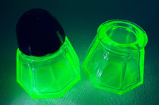 Art Deco Czech Uranium Vaseline Glass Salt Shaker Toothpick Holder Set Black Cap picture
