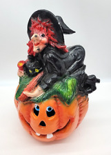 Vtg Halloween Figurine Witch Cat Jack-o-lantern 🎃 Pumpkin 13.5” Plaster Ceramic picture