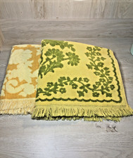 S/2 Vintage 70s CANNON MONTICELLO Sculpted Floral Fringe Bath Towels Made USA picture