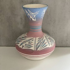 A. Jones Navajo Vase Geometric Blue Pink Art Pottery Signed Southwestern USA 9