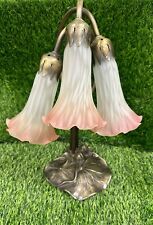Vintage Tiffany Style Lily Pad Table Lamp 3 Arm Pink Frosted Glass Tulip Shades picture