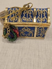 Vtg Treasure Chest Cloisonné Glossy Enameled Gold-Plated Metal Ornament 2X 2.5