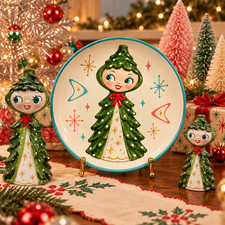 Atomic Christmas Tree Pixie Girl Holt Howard Vintage Inspired Plate Figurine 50s picture