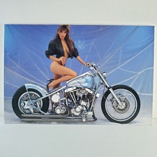 VTG  Motorcycle Flame Sportster Pinup Girl Poster Sexy Leather Jacket Custom Blu picture