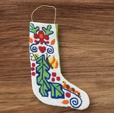 Handmade Needlepoint Christmas Stocking Folk Art Scandi Pennylvania Dutch Retro picture