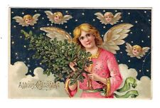 1908 Christmas Postcard Angel in Pink, Cherubs Overhead, Embossed picture