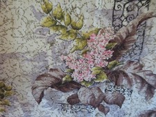 Vintage MCM x3 Barkcloth Drapes Baby Pink Floral w Black & Chocolate Leaves picture
