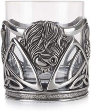 A E Williams Stunning Pewter Scottish Highland Cow &Thistle Whisky Tumbler Glass picture