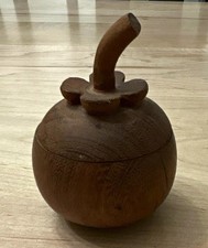 Small Round Brown Wooden Trinket Box w/ Lid, Carved Handle, Flower Theme picture
