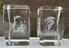 3D Laser Etched Crystal Glass Paperweight Dolphins Jellyfish - Lot of 2 picture