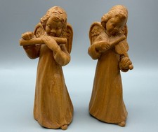 JOBIN Brienz Switzerland Hand Carved Wood Angels Figurines Pair Flute Violin picture