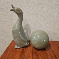 Vintage Celadon Green Ceramic Goose Figurine & Orb Art Pottery Decor Set MCM picture