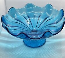 Vintage  Glass Blue Pedestal Bowl Ruffled Edge 9 Petals Footed MCM picture