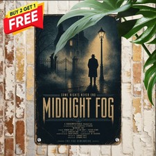 Vintage Noir Midnight Fog Detective Street Scene Metal Tin Wall Plaque picture