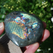 3in 208g Purple Labradorite Crystal Heart, Flashy Rainbow Spectrolite Palm Stone picture