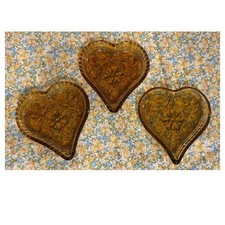 3 Vintage MCM Indiana Glass Amber Heart Trinket Dishes Pressed Glass 1970's picture