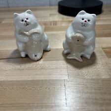 Vintage Cat Kitten Holding Fish White Salt and Pepper Shakers picture