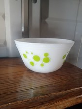 Vintage 8” FEDERAL Milk Glass Mixing Bowl ATOMIC  POLKA DOTS in Lime Green picture