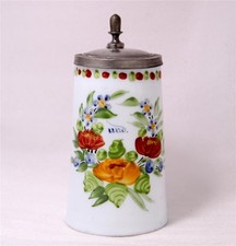 Antique Bohemian Milk Glass Beer Stein Hand Painted Enamel Floral c.1820s picture