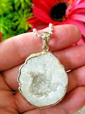 New Chunky Natural Brazilian Geode Pendant w/ Shimmer Quartz Crystal Druzy Cave picture