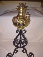 Antique The Tiny Miller Fancy Embossed Brass Oil Lamp Light Wrought Iron Base picture