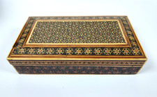 1960s Khatam Kari Micro Mosaic Wood Box Inlaid Bone Brass Geometric Trinket Box picture