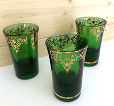 Vintage Emerald Green Gold Accent Shot Glasses Set Mid Century Retro Barware picture